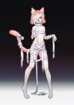  1girl animal_ear_fluff animal_ears animal_feet bandage_over_one_eye bandages blonde_hair breasts cat_ears cat_girl cat_tail full_body halloween_costume highres lingxia multicolored_hair mummy_costume naked_bandage one_eye_covered open_mouth original outstretched_arms pink_hair red_eyes short_hair small_breasts streaked_hair tail two-tone_hair zombie_pose 