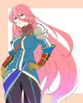  1girl armor black_pants blue_eyes blue_jacket blue_ribbon breasts collared_jacket cowboy_shot frown gloves hair_between_eyes hand_on_own_hip highres jacket large_breasts long_hair megido72 pants pink_hair ribbed_jacket ribbon sash shiina_satsuki_(pixiv2890507) shoulder_armor solo very_long_hair vual_(megido72) 