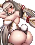  1girl :d animal_ears artist_name ass ass_focus bare_shoulders blush breasts brown_hair cat_ears cat_girl deareditor english_commentary fake_tail highleg highleg_leotard large_breasts leotard long_hair looking_at_viewer looking_back mixed-language_commentary nia_(blade)_(xenoblade) nia_(xenoblade) open_mouth rabbit_tail shiny_skin simple_background smile solo strapless strapless_leotard tail twintails very_long_hair white_background white_leotard white_sleeves xenoblade_chronicles_(series) xenoblade_chronicles_2 yellow_eyes 