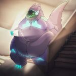  anthro belly big_belly blue_nails colored_nails female fur grey_body grey_fur hi_res huge_belly machine nails obese obese_anthro overweight overweight_anthro pichurria protogen protogen_visor purple_body purple_fur solo stairs tablet 