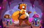  absurd_res anthro belly bread breasts butt canid canine cave clothing emanata female food fox fur group hair hi_res holding_food holding_object hood kobold mammal meat orange_hair overweight overweight_anthro overweight_female skalesstash yellow_body yellow_eyes yellow_fur 