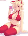  1girl animal_ears bare_arms bare_shoulders bell blonde_hair blush breasts cat_ears cat_girl cellphone cleavage highres holding holding_phone large_breasts looking_at_viewer navel nottytiffy original parted_lips patreon_username phone red_eyes red_thighhighs simple_background sitting smartphone smile solo thighhighs thighs tiffy_(nottytiffy) underboob white_background 