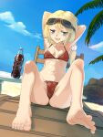  1girl absurdres armpits barefoot beach bikini blonde_hair blue_eyes blush breasts carla_j._luksic crotch fang feet foreshortening goggles goggles_on_head highres knees_up legs long_hair looking_at_viewer navel noble_witches open_mouth outdoors pen_tsutsuki red_bikini small_breasts smile solo spread_toes swimsuit toenails toes world_witches_series 