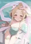  1girl andira_(granblue_fantasy) andira_(summer)_(granblue_fantasy) animal_ears arm_up armpits bare_shoulders blonde_hair blush breasts brown_eyes casual_one-piece_swimsuit closed_mouth clothes_pull collarbone covered_navel double_bun erune forehead from_above granblue_fantasy green_one-piece_swimsuit hair_bun half-closed_eyes highres kimblee licking_lips looking_at_viewer looking_up monkey_ears monkey_girl monkey_tail official_alternate_costume official_alternate_hairstyle one-piece_swimsuit one-piece_swimsuit_pull see-through see-through_sleeves sitting small_breasts smile solo swimsuit tail thighlet tongue tongue_out wet 