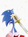  1boy animal_ears animal_nose armor blue_fur closed_eyes closed_mouth furry furry_male gloves hands_up hedgehog hedgehog_ears hedgehog_tail holding holding_sword holding_weapon male_focus noxbw petals red_footwear shoes simple_background smile sneakers socks solo sonic_(series) sonic_the_hedgehog standing sword tail weapon white_background white_gloves white_socks 