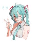  1girl ahoge aqua_eyes aqua_hair aqua_nails aqua_necktie bandaid bandaid_on_face bandaid_on_nose collared_shirt cropped_torso dated floating_hair_ornament guodong hair_between_eyes hand_up happy_birthday hatsune_miku nail_polish necktie number_tattoo one_eye_closed shirt shoulder_tattoo simple_background sleeveless sleeveless_shirt smile solo tattoo two_side_up v vocaloid white_background white_shirt 