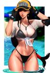  1girl adjusting_clothes adjusting_headwear ass_visible_through_thighs baseball_cap beach bikini black_bikini black_gloves black_hair blurry blurry_background breasts cleavage closed_mouth crisis_core_final_fantasy_vii drop_earrings earrings final_fantasy final_fantasy_vii fingerless_gloves gloves hand_on_headwear hat highleg highleg_bikini highres jewelry kittymiya large_breasts light_smile long_hair looking_to_the_side low-tied_long_hair navel necklace ocean official_alternate_costume partially_submerged red_eyes ripples see-through see-through_shirt shirt short_sleeves side-tie_bikini_bottom solo swimsuit tied_shirt tifa_lockhart two-tone_gloves two-tone_headwear umbrella very_long_hair wading wet wet_clothes wet_shirt white_shirt yellow_gloves yellow_headwear 