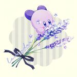  artist_name black_ribbon blue_eyes blush blush_stickers commentary flower grey_background kirby kirby_(series) kotori_(lycka) lavender_(flower) no_humans petals purple_flower ribbon simple_background striped striped_background symbol-only_commentary twitter_username white_background 