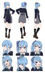  1girl absurdres blue_eyes blue_hair bow closed_mouth crossover expressions grin hair_bow hand_on_own_hip highres hololive hoshimachi_suisei konbanwa01 long_sleeves lycoris_recoil lycoris_uniform open_mouth short_hair side_ponytail smile two-tone_dress virtual_youtuber 