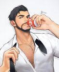  1boy bara bare_pectorals beard black_hair blue_eyes breezem18 can chest_hair closed_mouth cola drop_shadow facial_hair highres holding holding_can holding_tie looking_at_viewer male_focus muscular muscular_male necktie open_clothes open_shirt original partially_undressed pectorals shirt short_hair sideburns solo thick_eyebrows undone_necktie white_background white_shirt 