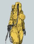  1girl backpack bag biohazard_symbol breasts broken commentary_request covered_nipples cowboy_shot cracked_mask dripping gas_mask gloves hazmat_suit highres juerucj large_breasts mask original rubber_gloves simple_background solo tube 
