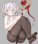  ... 1girl ai_cao between_thighs blush brown_pantyhose elf feet flat_chest frieren full_body green_eyes grey_hair hair_over_breasts highres holding holding_staff knees_up legs legs_together long_hair looking_at_viewer nipples no_shoes open_mouth panties panties_under_pantyhose pantyhose pointy_ears short_eyebrows simple_background soles solo sousou_no_frieren staff thick_eyebrows toes topless twintails underwear 