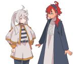  2girls ahoge black_hairband capelet commentary_request cosplay dou_(mame_eee) dress fern_(sousou_no_frieren) frieren frieren_(cosplay) grey_eyes gundam gundam_suisei_no_majo hairband highres long_hair miorine_rembran multiple_girls pantyhose red_hair shirt sousou_no_frieren striped striped_shirt suletta_mercury thick_eyebrows twintails white_capelet 