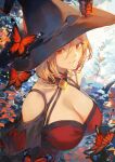  1girl bare_shoulders black_headwear breasts bug butterfly cleavage from_above hair_between_eyes hat highres large_breasts large_hat looking_at_viewer looking_up mashuu_(neko_no_oyashiro) off_shoulder original parted_lips red_eyes smile solo witch_hat 