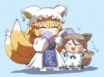  2girls animal_ears blonde_hair blue_background closed_eyes dress fox_ears fox_tail full_body green_ribbon hat kudamaki_tsukasa light_brown_hair mob_cap multiple_girls multiple_tails open_mouth ribbon rokugou_daisuke romper short_hair signature simple_background sleeves_past_fingers sleeves_past_wrists smile tabard tail touhou white_dress white_headwear white_romper wide_sleeves yakumo_ran 