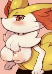  1girl :&lt; animal_ear_fluff animal_ears animal_nose black_fur blush body_fur braixen breasts closed_mouth commentary_request completely_nude cowboy_shot fox_ears fox_girl fox_tail furry furry_female half-closed_eyes inverted_nipples large_breasts leaning_forward looking_at_viewer multicolored_fur neck_fur nekoyuu nipples nude partial_commentary pink_background pokemon pokemon_(creature) puffy_nipples red_eyes sideways_mouth simple_background snout solo standing tail white_fur yellow_fur 