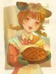  1girl absurdres animal_ears apple_print apron braid brown_hair commentary_request dog_ears dog_girl dress food highres kiirou_(yellowu) low_twin_braids open_mouth orange_dress orange_eyes original oven_mitts pie smile solo strap_slip twin_braids upper_body white_apron 
