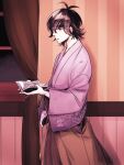  1boy antenna_hair book bungou_to_alchemist curtains expressionless feet_out_of_frame flipped_hair from_side hair_between_eyes hakama holding holding_book indoors japanese_clothes jitome kimono leaf_print long_sleeves male_focus open_book parted_lips reading sepia shimazaki_touson_(bungou_to_alchemist) short_hair solo standing tassel window yueno 