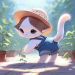  absurd_res ambiguous_gender anthro bent_over blush clothing domestic_cat felid feline felis flower_pot garden hat headgear headwear hi_res inkune mammal overalls paws plant raised_tail solo standing tail whiskers 