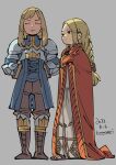  2girls agrias_oaks armor blonde_hair braid braided_ponytail closed_mouth dated final_fantasy final_fantasy_tactics full_body grey_background highres hounori long_hair multiple_girls ovelia_atkascha shoulder_armor simple_background single_braid 