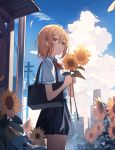  1girl aroa_(aroamoyasi) bag black_skirt blue_sky bow bowtie brown_eyes closed_mouth cloud commentary day flower hair_between_eyes highres holding holding_flower looking_at_viewer orange_hair original outdoors red_bow red_bowtie school_uniform shirt short_hair skirt sky summer sunflower white_shirt 