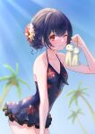  1girl absurdres black_hair blue_sky blush bow breasts closed_mouth collarbone day dot_nose floral_print flower hair_between_eyes hair_flower hair_ornament highres hoshina_hoshimi idolmaster idolmaster_shiny_colors looking_at_viewer morino_rinze one-piece_swimsuit one_eye_closed palm_tree red_eyes short_hair sky small_breasts smile solo sunlight swimsuit teruterubouzu tree 