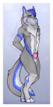  1:2 anthro balls blush border canid canine canis chastity_cage chastity_device clyde_wolf digital_media_(artwork) fur genitals hi_res male mammal nude purple_chastity_cage simple_background solo submissive submissive_male white_border wolf 