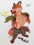  absurd_res anthro bodily_fluids canid canine clothed clothing disney english_text food fox hi_res ksejl male mammal muscular muscular_male necktie nick_wilde pawpsicle popsicle pubes solo strip_meme sweat text topless undressing zootopia 