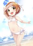  1girl absurdres arm_up armpits beach bikini breasts brown_eyes brown_hair chouchin_ankou cloud highres idolmaster idolmaster_cinderella_girls navel ocean open_mouth outdoors ryuzaki_kaoru short_hair side-tie_bikini_bottom sky small_breasts smile solo swimsuit thighs white_bikini 