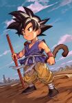  1boy black_eyes black_hair blue_shirt blue_sky brown_footwear child clenched_hand closed_mouth cloud collarbone day desert dougi dragon_ball dragon_ball_(classic) full_body holding holding_weapon hungry_clicker male_focus monkey_tail mountain mountainous_horizon outdoors pants ruyi_jingu_bang sash shirt shoes sky sleeveless sleeveless_shirt smile smirk solo son_goku spiked_hair standing tail v-shaped_eyebrows weapon white_sash yellow_pants 