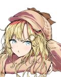  1girl absurdres blonde_hair blue_eyes deerstalker eyebrows_hidden_by_hair hair_ornament hat highres hololive hololive_english igh looking_to_the_side monocle_hair_ornament pout simple_background sleeves_past_wrists virtual_youtuber watson_amelia white_background 