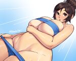  1girl arm_under_breasts backlighting bandeau bikini blue_bandeau blue_eyes blue_panties blush breast_press breasts brown_eyes brown_hair cleavage collarbone dracksart dutch_angle eyelashes gradient_background hair_bun highres huge_breasts looking_at_viewer mei_(overwatch) navel open_mouth overwatch panties panty_pull shiny_skin sidelocks signature simple_background single_hair_bun stomach sweat swimsuit underboob underwear 