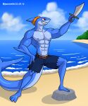  abs absurd_res alkan anthro beach big_pecs blue_body bottomwear clothed clothing fish hi_res male marine multicolored_body muscular muscular_anthro muscular_male navel nipples pants pants_only pecs red_eyes rova(character) seaside shark solo topless topless_anthro topless_male two_tone_body 