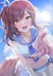  1boy 1girl absurdres blush brown_hair collarbone floating_hair foreshortening highres idolmaster idolmaster_shiny_colors looking_at_viewer momomoi_momoi navel one_eye_closed osaki_amana outdoors pov pov_hands reaching reaching_towards_viewer sailor_bikini sailor_collar sailor_swimsuit_(idolmaster) smile water_drop 