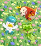  blush closed_eyes closed_mouth commentary_request day fangs flower from_above fuecoco grass highres lying no_humans open_mouth outdoors pokemon pokemon_(creature) quaxly smile sprigatito starter_pokemon_trio tomozo_(muginosukejr) 