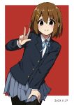  1girl blazer brown_eyes brown_hair dated hair_ornament hairclip highres hirasawa_yui jacket k-on! long_sleeves looking_at_viewer neck_ribbon nyagonya21 pantyhose ribbon sakuragaoka_high_school_uniform school_uniform short_hair skirt smile solo w 