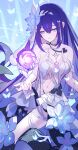  1girl absurdres ai_dongdong bare_shoulders blue_eyes blue_flower breasts cleavage clothing_cutout collarbone dress floating flower full_body glowing hair_between_eyes hair_flower hair_ornament highres honkai_(series) honkai_impact_3rd long_hair navel open_hand orb purple_hair raised_eyebrows seele_vollerei seele_vollerei_(herrscher_of_rebirth) sleeveless sleeveless_dress small_breasts solo stomach stomach_cutout white_dress 