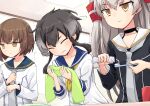  3girls amatsukaze_(kancolle) amatsukaze_kai_ni_(kancolle) black_dress black_hair brown_eyes brown_hair dress gradient_hair grey_hair grey_neckerchief hair_tubes kakizaki_(chou_neji) kantai_collection long_hair multicolored_hair multiple_girls neckerchief sailor_dress short_hair short_hair_with_long_locks sidelocks tokitsukaze_(kancolle) toothbrush toothpaste towel two_side_up upper_body yukikaze_(kancolle) yukikaze_kai_ni_(kancolle) 