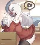  &lt;3 2023 absol absurd_res ambiguous_gender blush clawed_fingers clothed clothed_feral clothing coffee_mug cracked_horn eyewear fan_character feral fur generation_3_pokemon glasses hi_res holding_mug holding_object horn legwear looking_aside looking_down lute_(zinfyu) mug neck_tuft nintendo pokemon pokemon_(species) red_eyes solo steam sweater tail thigh_highs topwear tuft white_body white_fur zinfyu 