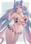  1girl absurdres animal_ears animal_print ayacho bikini blue_hair blush breasts catura_(granblue_fantasy) cow_ears cow_girl cow_horns cow_print draph frilled_bikini frilled_sleeves frills gradient_hair granblue_fantasy highres horns large_breasts long_hair looking_at_viewer multicolored_hair pointy_ears short_eyebrows smile swimsuit twintails white_bikini yellow_eyes 