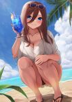  1girl absurdres beach bikini bikini_under_clothes black_bikini blue_eyes blue_sky breasts brown_hair closed_mouth cloud cup day drink drinking_straw eyewear_on_head feet_out_of_frame food fruit go-toubun_no_hanayome highres hiyoku holding holding_cup ice ice_cube large_breasts lemon lemon_slice light_smile long_hair nakano_miku outdoors sand sandals see-through see-through_shirt shirt sky squatting sunglasses swimsuit thighs white_shirt 