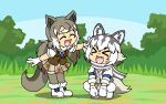  &gt;_&lt; 2girls :d ^_^ animal_ears armband blush_stickers brown_hair chibi closed_eyes dual_persona eastern_wolf_(kemono_friends) eastern_wolf_(kemono_friends)_(old_design) facing_another fang full_body fur-trimmed_footwear fur_collar fur_trim gloves grey_hair hand_on_another&#039;s_head happy headpat kemono_friends leaning_forward long_hair long_sleeves medium_hair miniskirt multicolored_hair multiple_girls necktie open_clothes open_mouth open_vest outstretched_arms outstretched_hand plaid plaid_necktie plaid_skirt pleated_skirt scarf shoes short_sleeves skirt smile squatting srd_(srdsrd01) standing tail thighhighs twintails vest white_gloves white_hair wolf_ears wolf_girl wolf_tail xd 