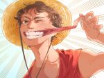  1boy bare_shoulders black_hair curly_hair elasticity english_commentary hat highres male_focus monkey_d._luffy one_eye_closed one_piece one_piece_(live_action) short_hair smile solo straw_hat teeth viviiskate 