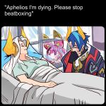  1boy 2girls :o alternate_costume alune_(league_of_legends) aphelios bed black_gloves black_jacket blue_eyes blue_hair breasts character_request check_character cheek_on_glass closed_eyes fingerless_gloves gloves green_shirt hair_between_eyes heterochromia hospital_bed jacket large_breasts league_of_legends long_hair long_sleeves lunar_beast_aphelios meme multicolored_hair multiple_girls odeko_yma official_alternate_costume open_clothes open_jacket pink_hair please_stop_beatboxing_(meme) red_eyes red_sleeves shirt short_hair teeth two-tone_hair white_hair window zoe_(league_of_legends) 
