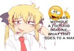 1girl blonde_hair constricted_pupils emoji english_text fang hair_ribbon highres implied_footjob kill_me_baby looking_at_viewer meme messy_hair necktie open_mouth pointing pointing_at_self poppos ribbon school_uniform sketch sonya_(kill_me_baby) upper_body white_background 