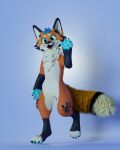  3d_(artwork) 4_toes ambiguous_gender anthro blender_(software) blue_hair blue_pawpads canid canine claws clothing digital_media_(artwork) digitigrade embrace feet fluffy fluffy_tail footwear fox hair hug male mammal mango_fox pawpads paws simple_background smile solo tail toes 