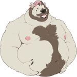  2023 anthro barley_(barleytheburr) bear beard body_hair brown_hair chest_tuft claws ear_piercing ear_ring eyes_closed facial_hair finger_claws fur hair hand_on_stomach happy happy_trail hi_res highlights_(coloring) male mammal moobs mustache navel nipples open_mouth overweight overweight_anthro overweight_male pawpads piercing pink_highlights polar_bear ring_piercing smile solo soul_nero tuft ursine white_body white_fur 