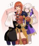  3girls age_comparison breasts fingerless_gloves fire_emblem fire_emblem:_three_houses garreg_mach_monastery_uniform gloves hair_between_eyes kaiuyuri0 leonie_pinelli long_hair lysithea_von_ordelia medium_breasts multiple_girls one_eye_closed open_mouth orange_eyes orange_hair pantyhose teeth time_paradox tongue translation_request white_hair yuri 