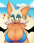  &lt;3 2023 anthro bat berkthejerk big_breasts bikini blue_eyeshadow blue_lips breasts clothing ear_piercing eyeshadow female hair hi_res lips makeup mammal outside piercing rouge_the_bat sega solo sonic_the_hedgehog_(series) swimwear white_hair wings 