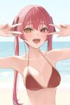  1girl beach bikini breasts cleavage collarbone day double_v heterochromia highres hololive houshou_marine large_breasts long_hair looking_at_viewer ocean ootsuka_you open_mouth outdoors red_bikini red_eyes red_hair sand smile solo swimsuit twintails upper_body v v_over_eye virtual_youtuber yellow_eyes 